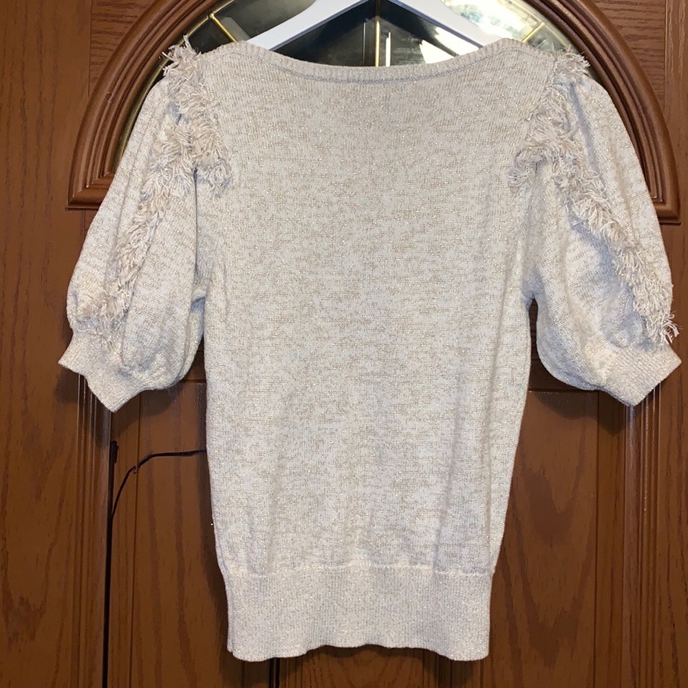 Ann Taylor Beige & Metallic Gold Shimmer Fringe Detail Puff Sleeve Sweater - Picture 13 of 16